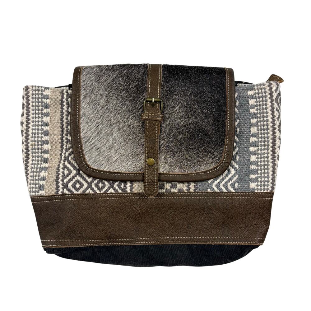 Myra Straight Forward Backpack Bag Cowhide Leather Brown Gray Western Boho